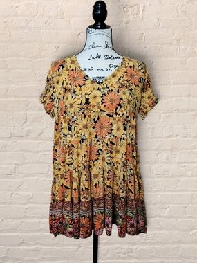 Romantic Gypsy Floral Tiered Tunic Top Medium Yellow Orange 70s Boho V-Neck